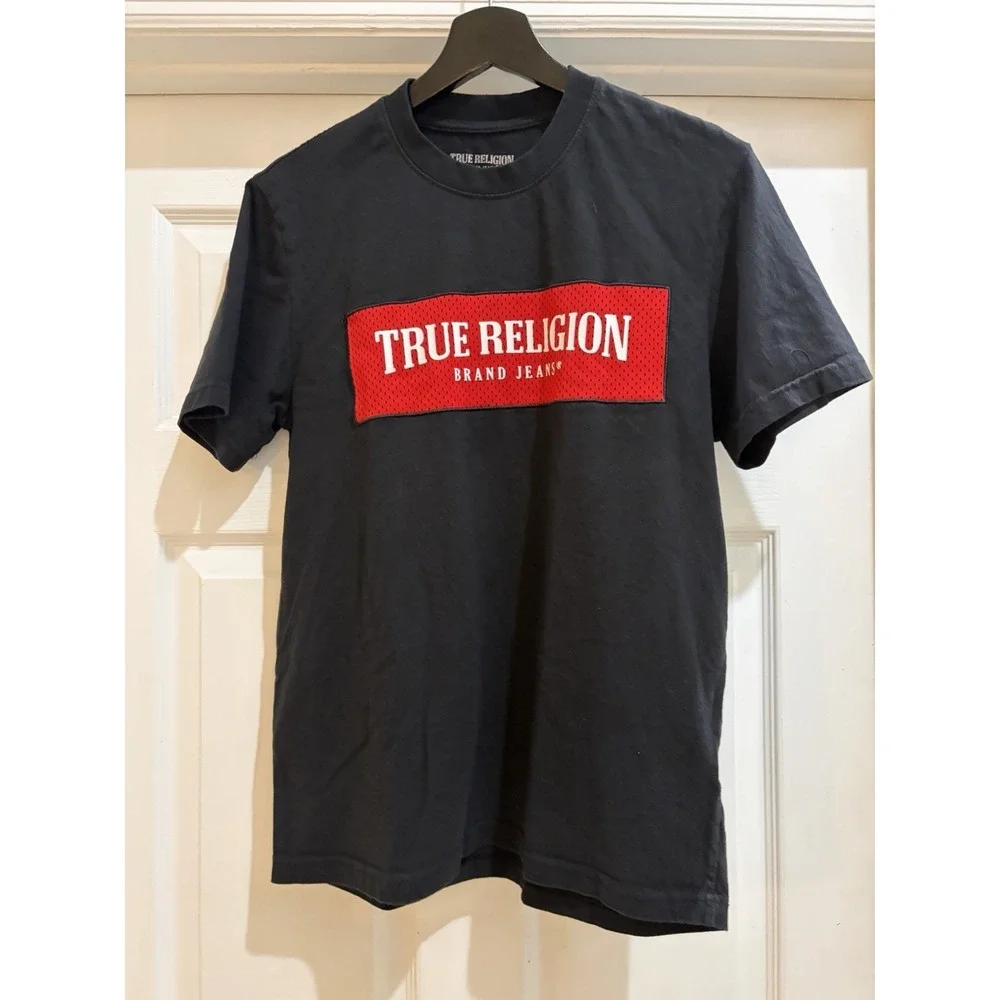 True Religion Black Logo Graphic T-Shirt Red Mesh Patch Men's XS Streetwear